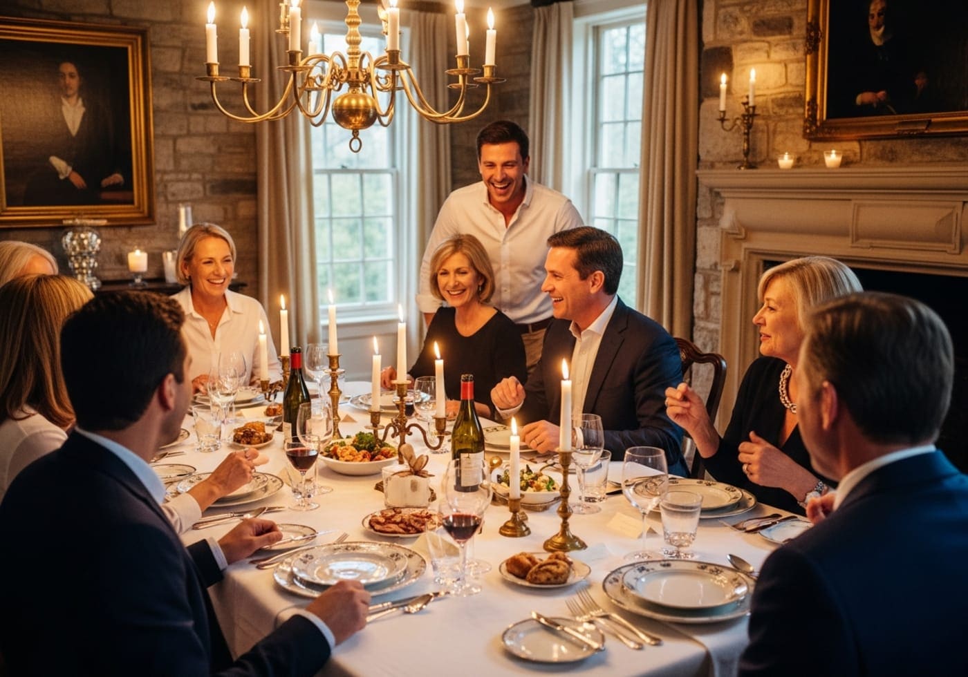 A relaxed host laughing with guests at a candlelit Main Line dinner party while Right Hand handles the service