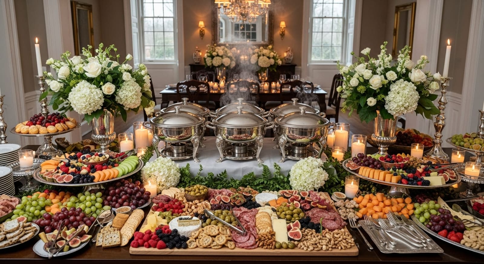 A full, fresh buffet table at a Main Line dinner party