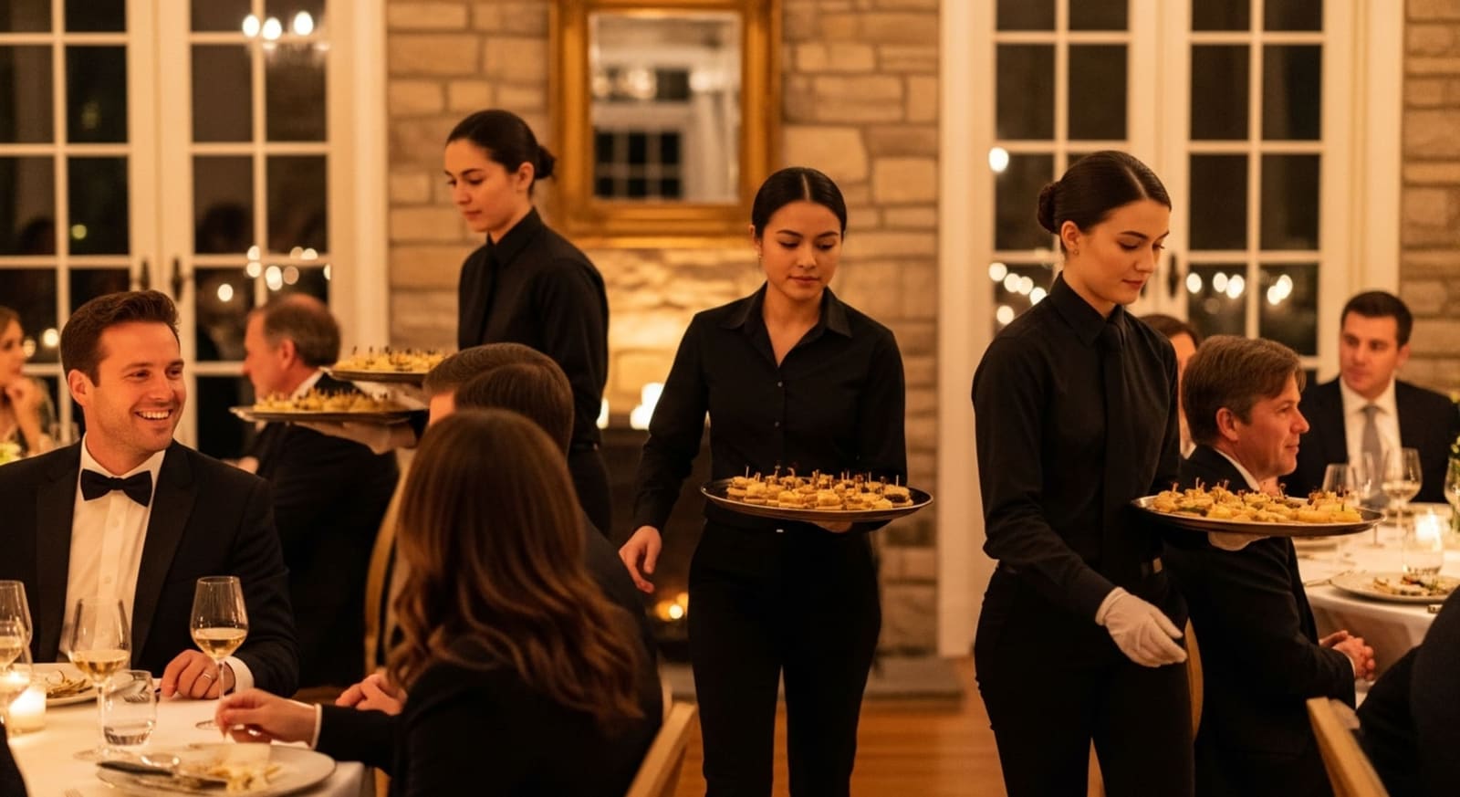 Right Hand's crew passing hors d'oeuvres and refilling glasses at a Main Line dinner party
